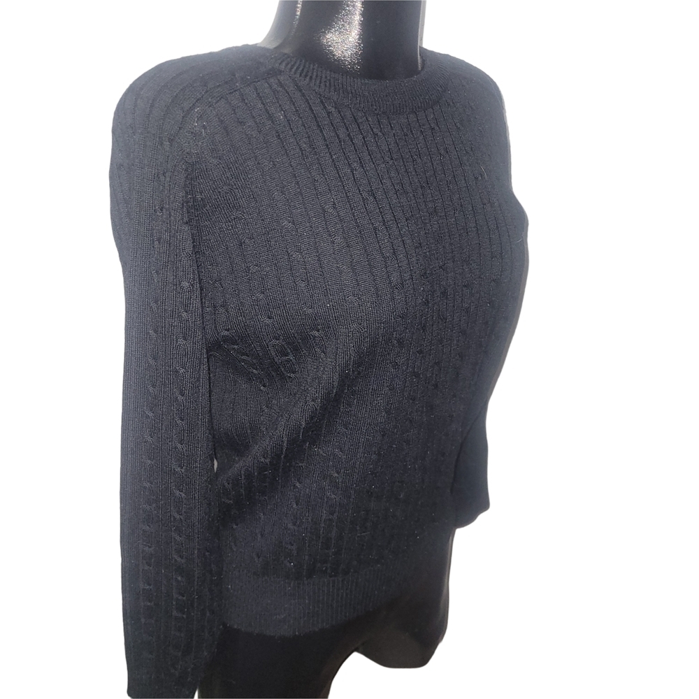Vintage Eaton Petites Classic Black Cable Knit Crew Neck Wool Blend Sweater M